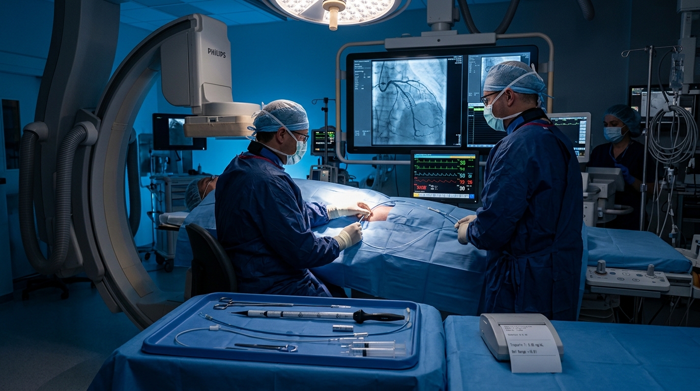 Cardiac catheterization lab with coronary angiography and stent deployment device