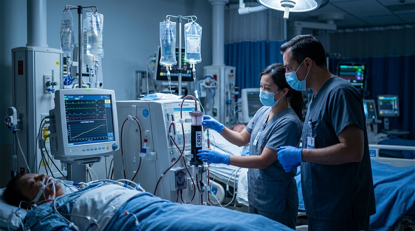 ICU renal replacement therapy machine with creatinine trends and IV fluids
