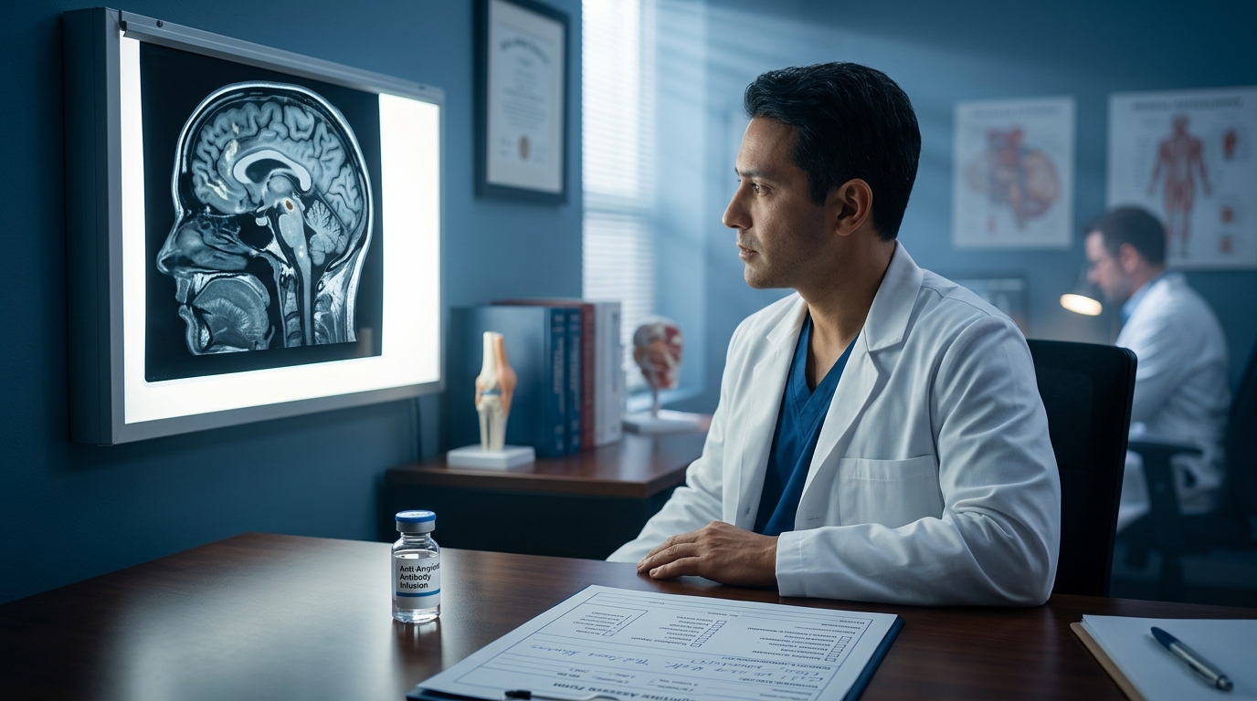 Brain MRI showing amyloid plaques with anti-amyloid therapy vial in neurology office
