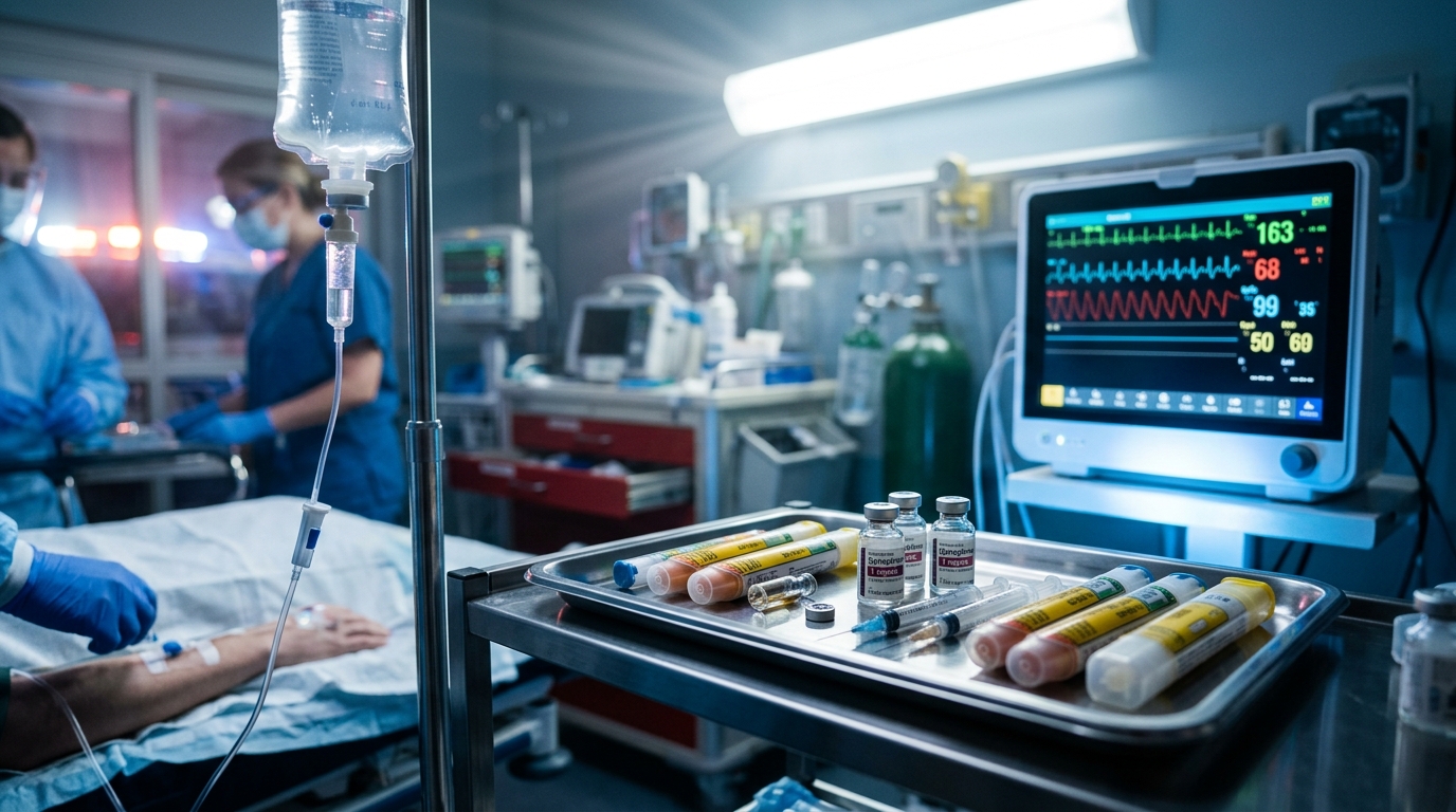 Epinephrine auto-injectors and vials on emergency tray with cardiac monitoring