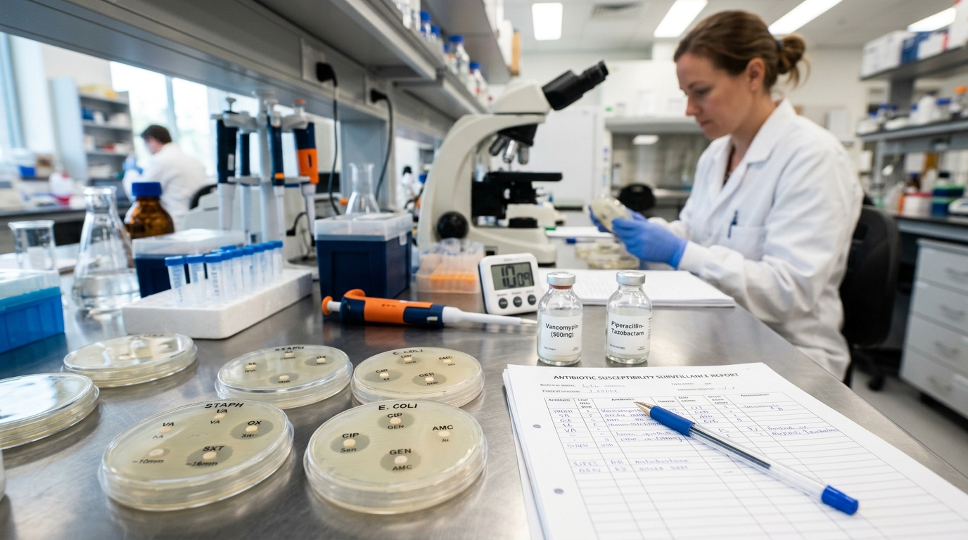 Antibiotic sensitivity culture plates with resistance zones and surveillance report