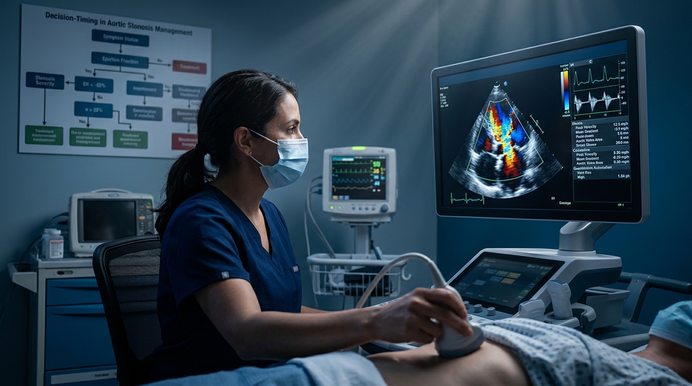 Echocardiography showing aortic stenosis with Doppler measurements and decision chart
