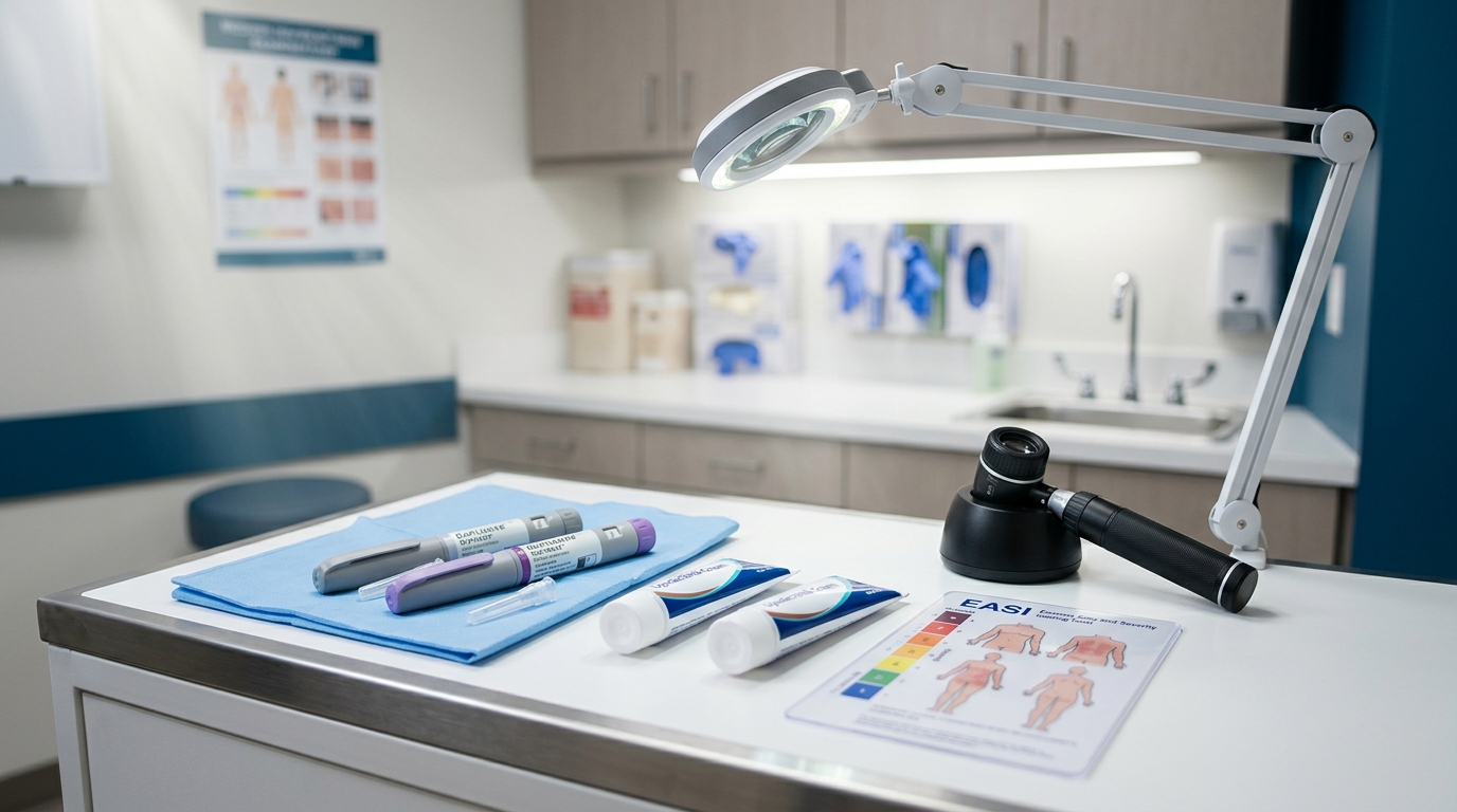 Atopic dermatitis treatments including dupilumab injector, JAK cream, and EASI tool