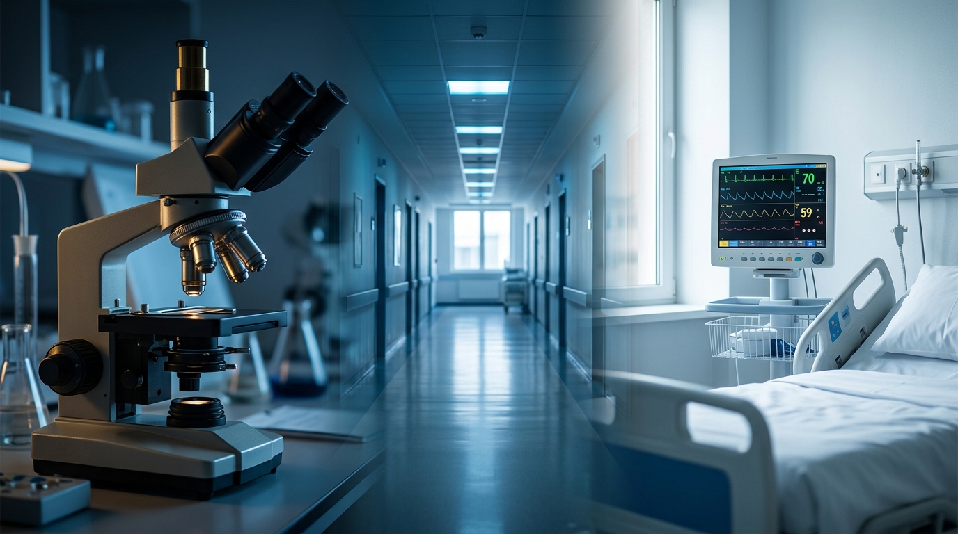 Research lab microscope and hospital bedside connected showing the bench-to-bedside gap