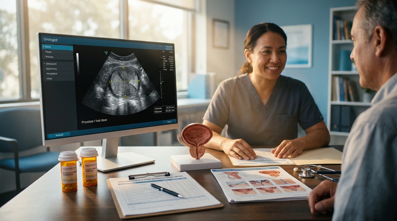 BPH medications with prostate ultrasound, symptom scoring, and surgical options