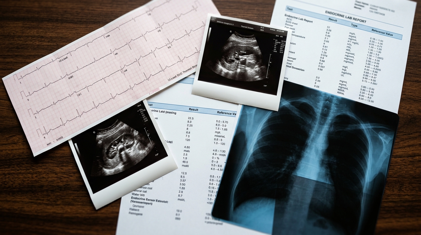 Overlapping cardiology, nephrology, and endocrine medical documents on conference table