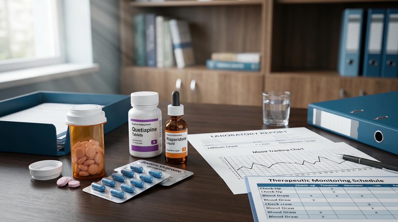 Bipolar medications with lithium levels and mood tracking on psychiatry desk