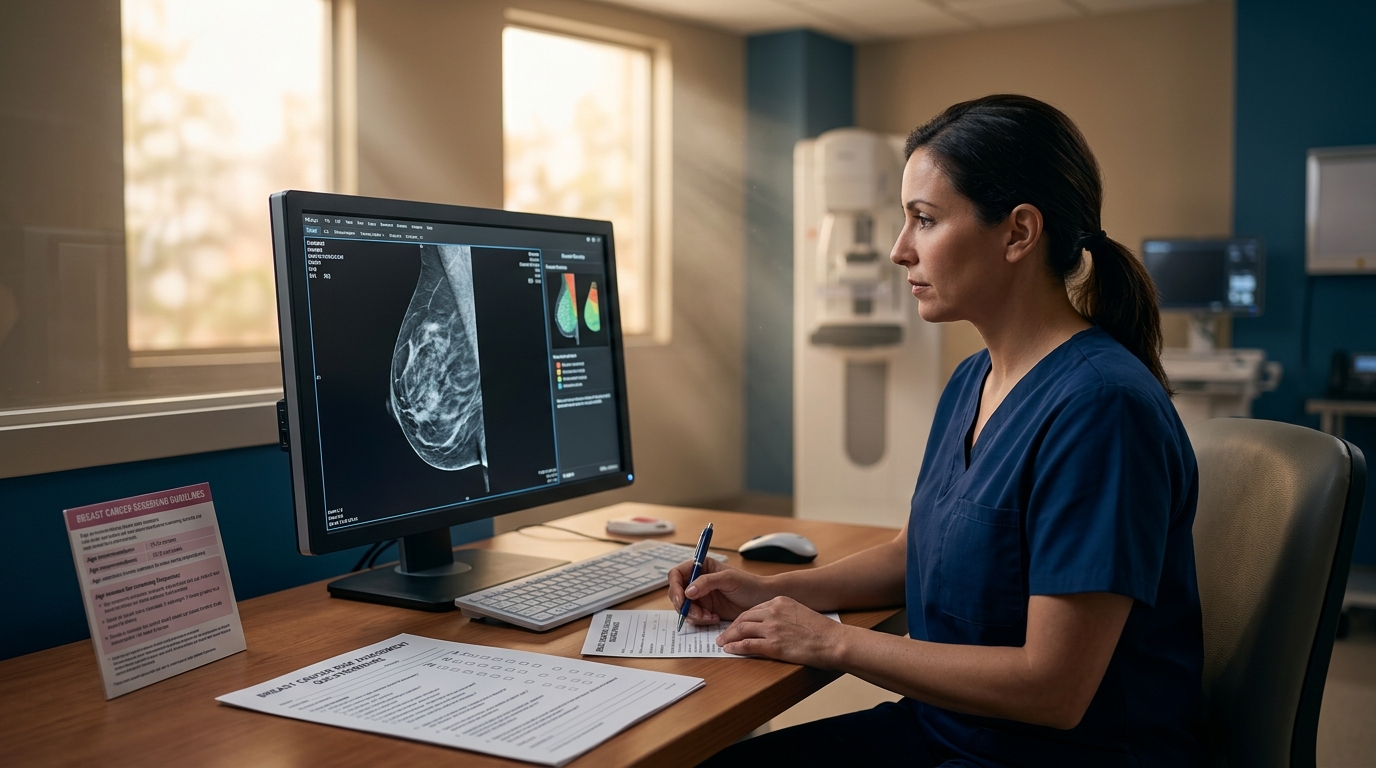 Digital mammography workstation with density assessment and screening guidelines