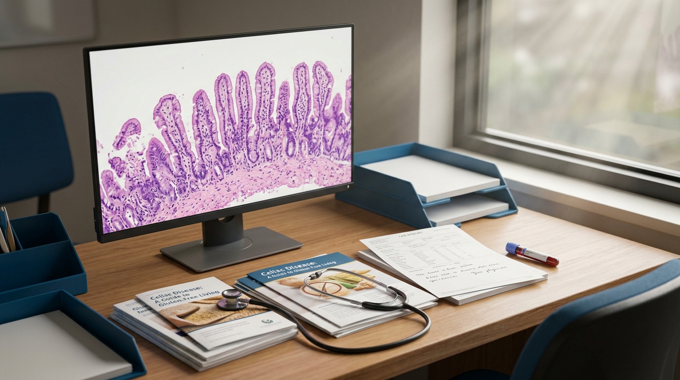 Celiac serology results with intestinal biopsy and gluten-free counseling materials