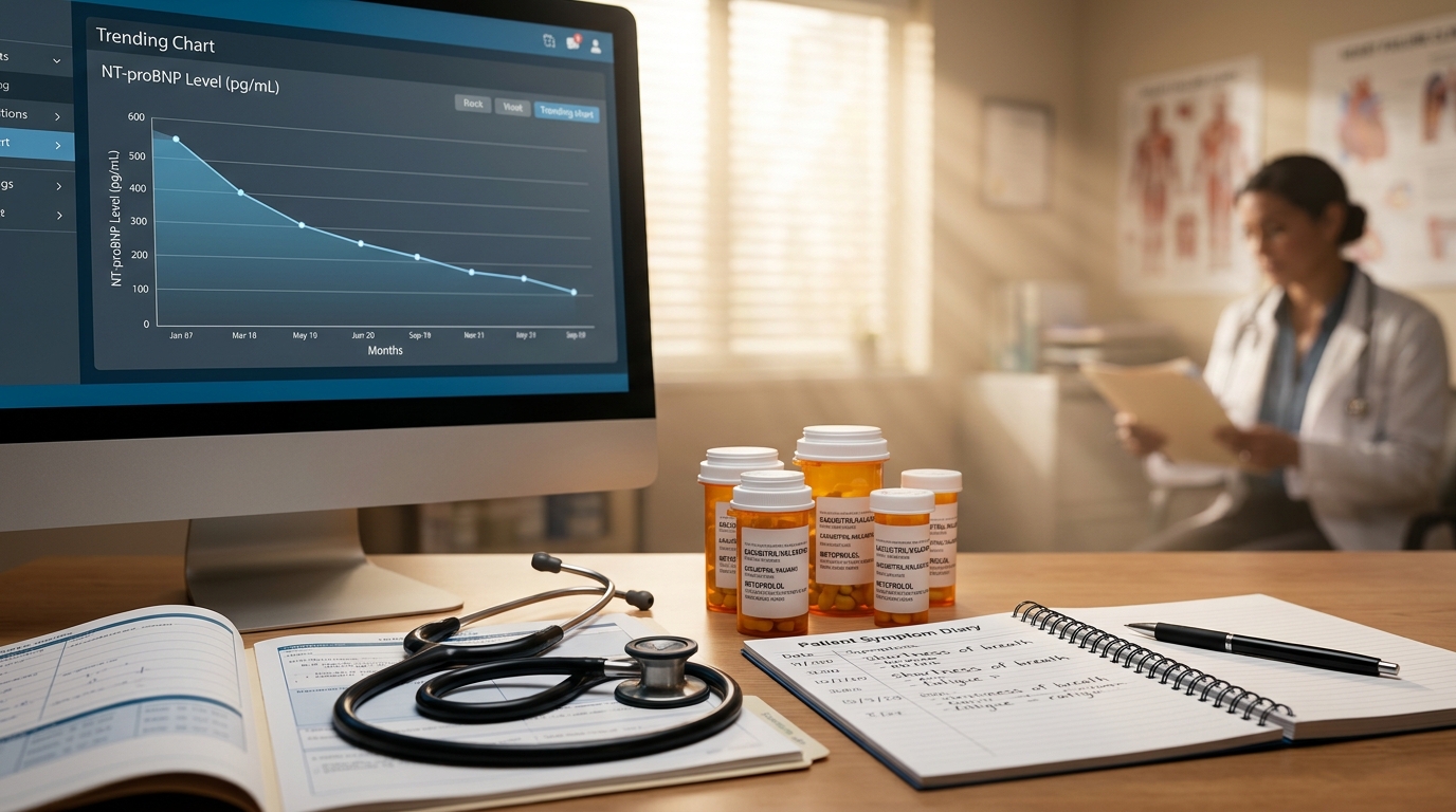 Heart failure monitoring with NT-proBNP trends and guideline-directed medications