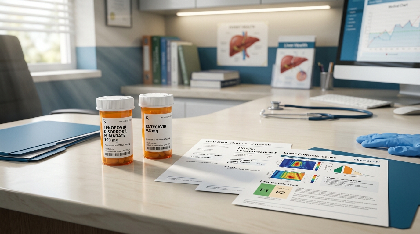 Hepatitis B antivirals with viral load, HBsAg results, and fibrosis assessment
