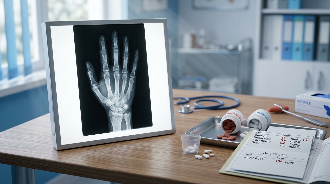 Phosphate binders with calcium-phosphate labs, PTH results, and renal bone X-ray