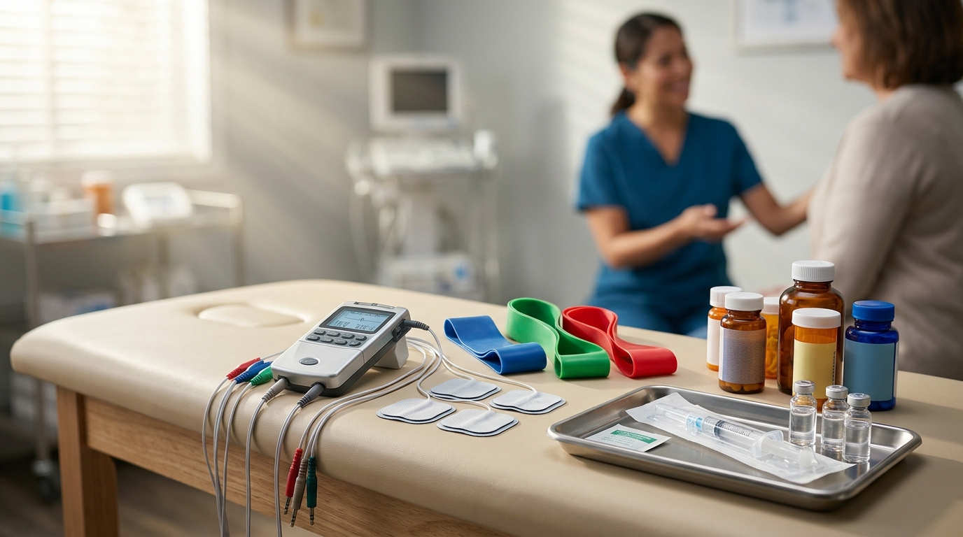 Multimodal pain tools including TENS unit, therapy bands, and non-opioid medications
