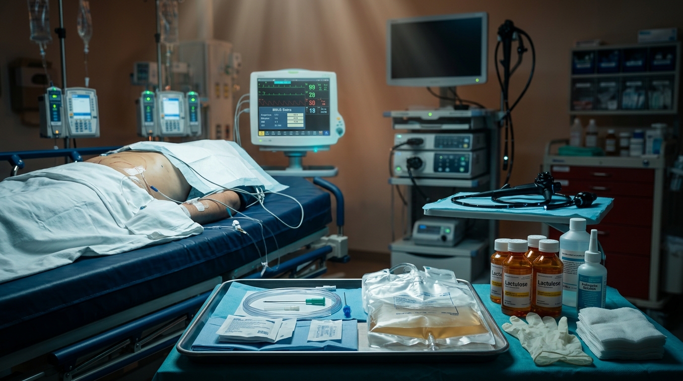 Hepatology ICU with paracentesis kit, lactulose, and MELD score for cirrhosis care