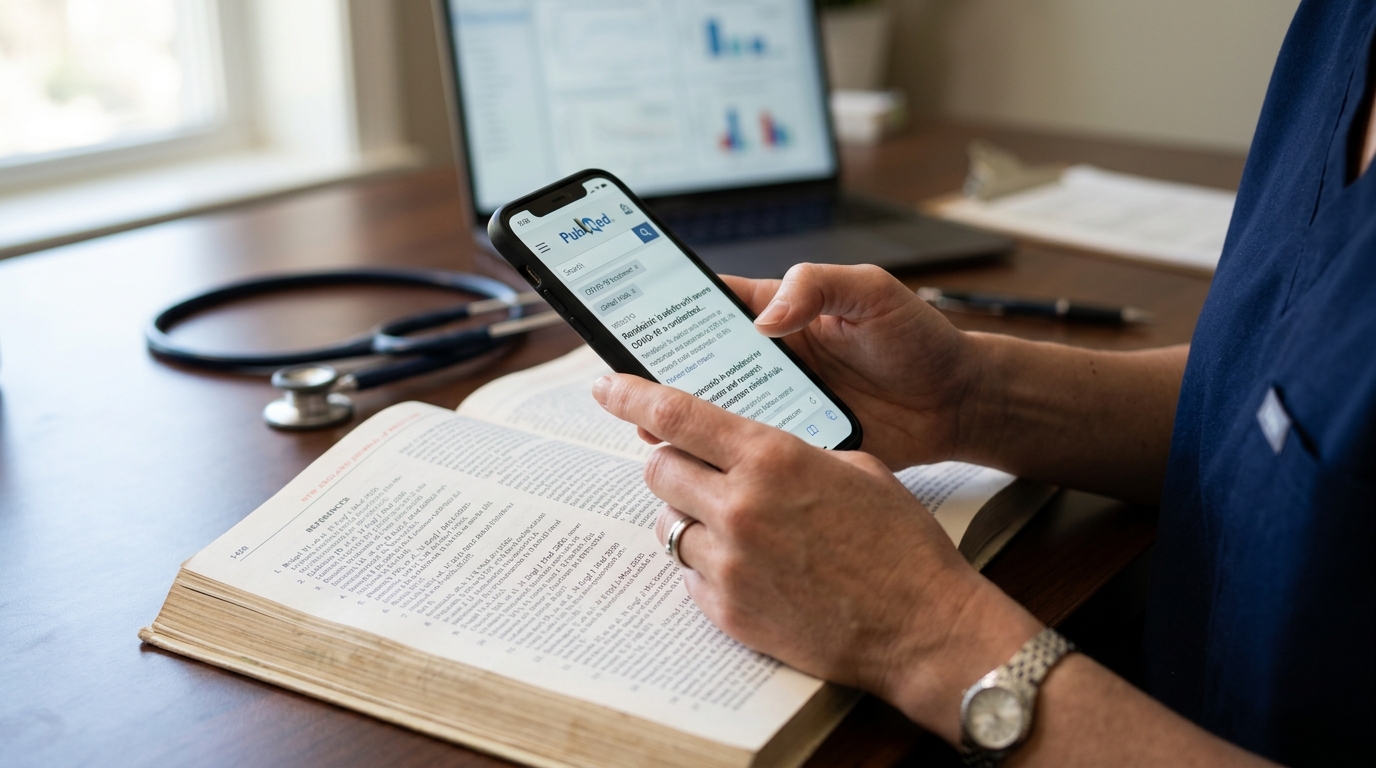 Physician verifying medical citations on smartphone against printed journal references