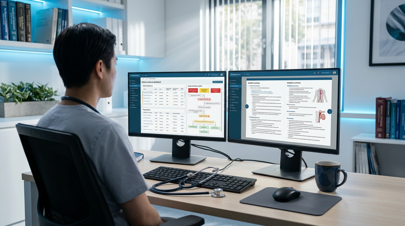 Modern medical workstation with dual monitors showing clinical evidence dashboards
