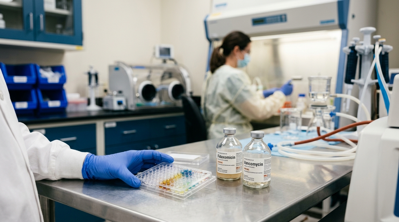 C. difficile toxin results with fidaxomicin and vancomycin comparison and FMT prep