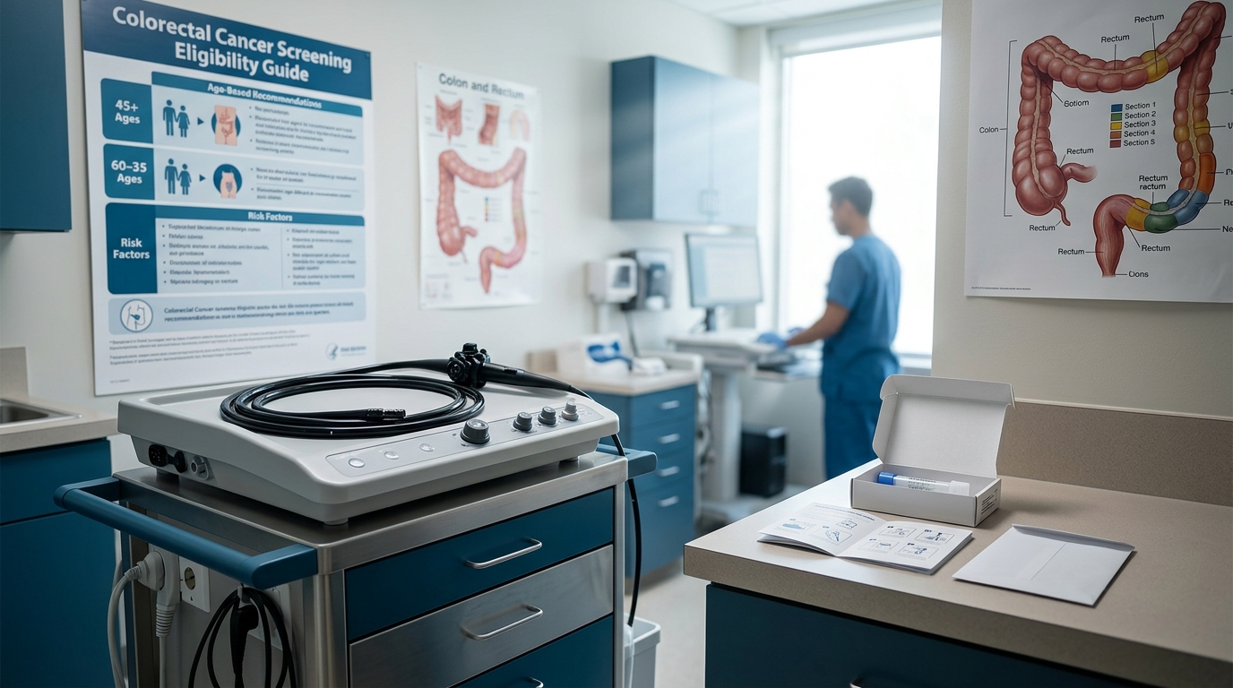 Colonoscope alongside FIT stool test kit and colorectal screening eligibility chart