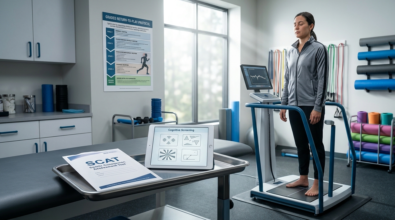 Sports medicine concussion assessment with SCAT tool and return-to-play protocol