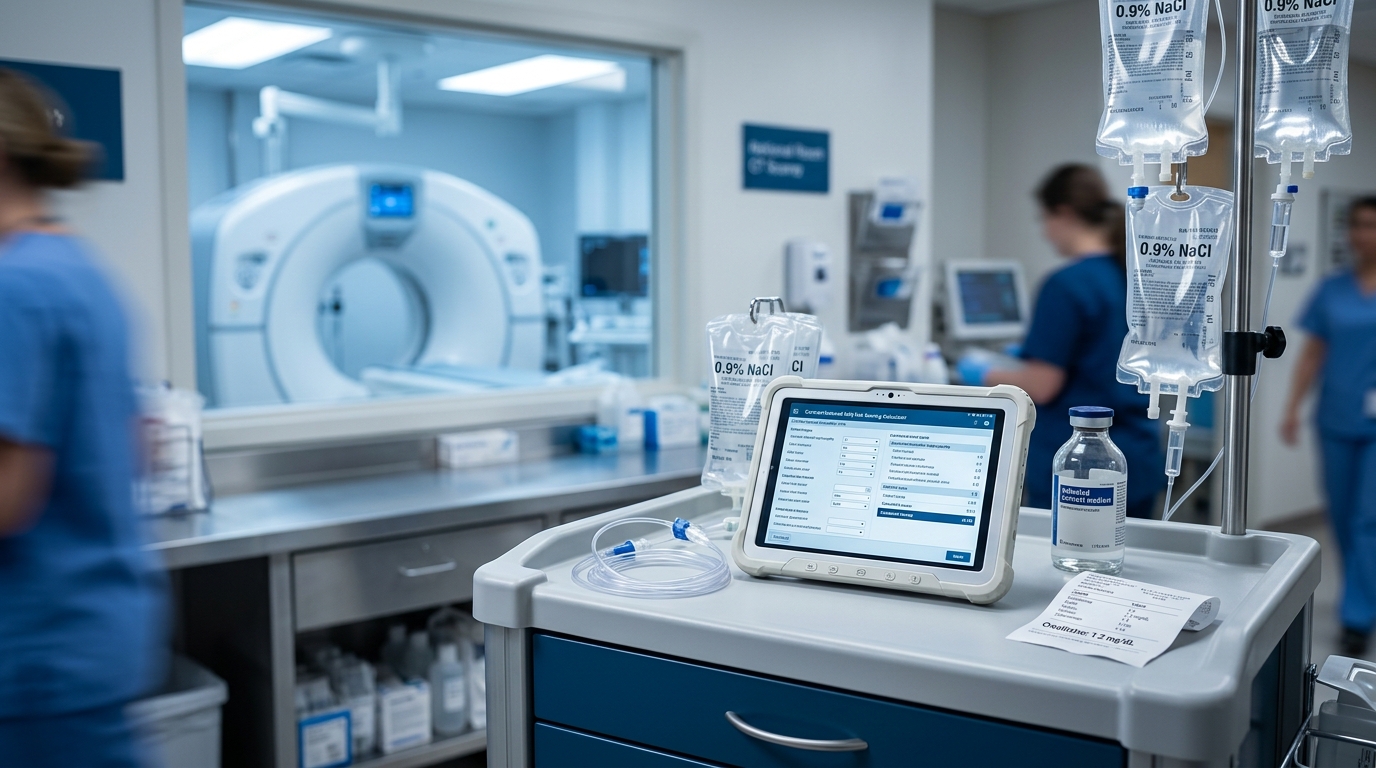 Pre-contrast hydration with IV saline, contrast bottle, creatinine, and risk score