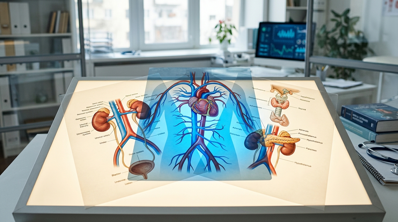 Overlapping cardiovascular, renal, and endocrine system diagrams on light table