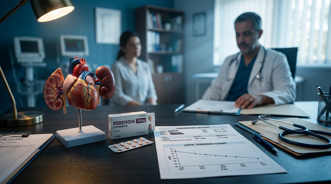 Finerenone tablets with UACR and eGFR results alongside heart-kidney model