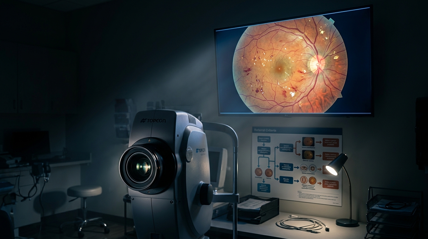 Fundus camera with retinal scan showing diabetic retinopathy and referral criteria