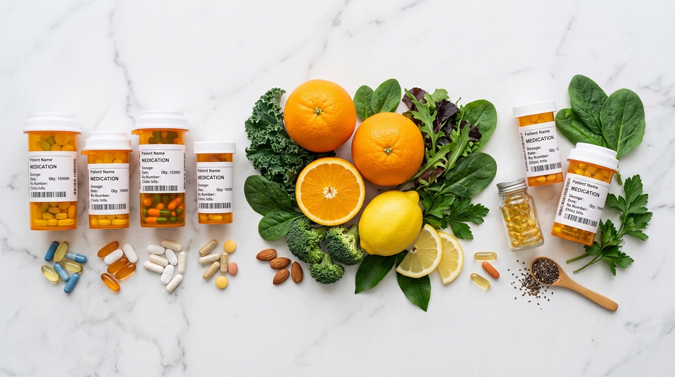 Prescription medications arranged alongside foods and supplements showing interaction risks