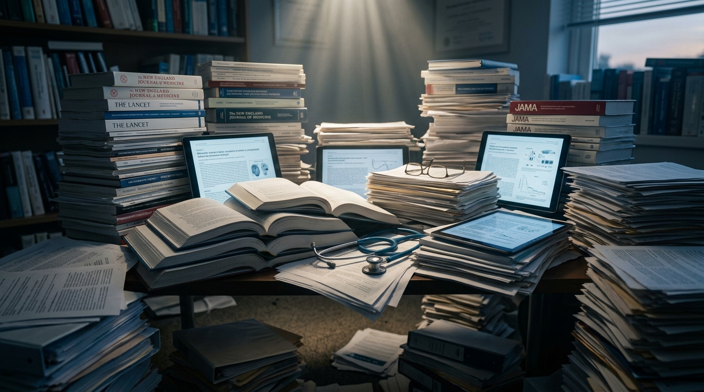 Clinical desk buried under towering stacks of medical journals and research papers
