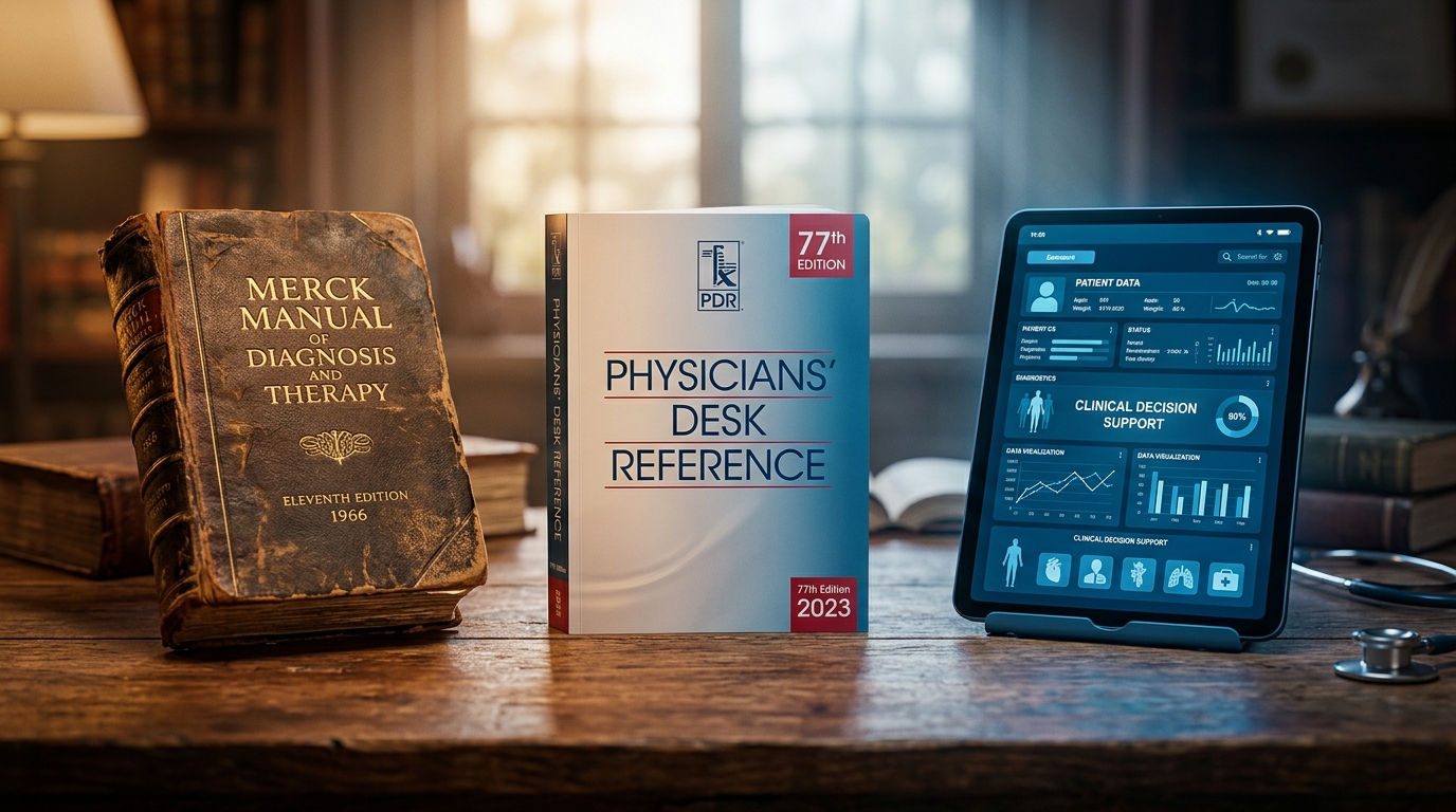 Evolution from leather-bound medical manual to modern clinical AI tool on tablet