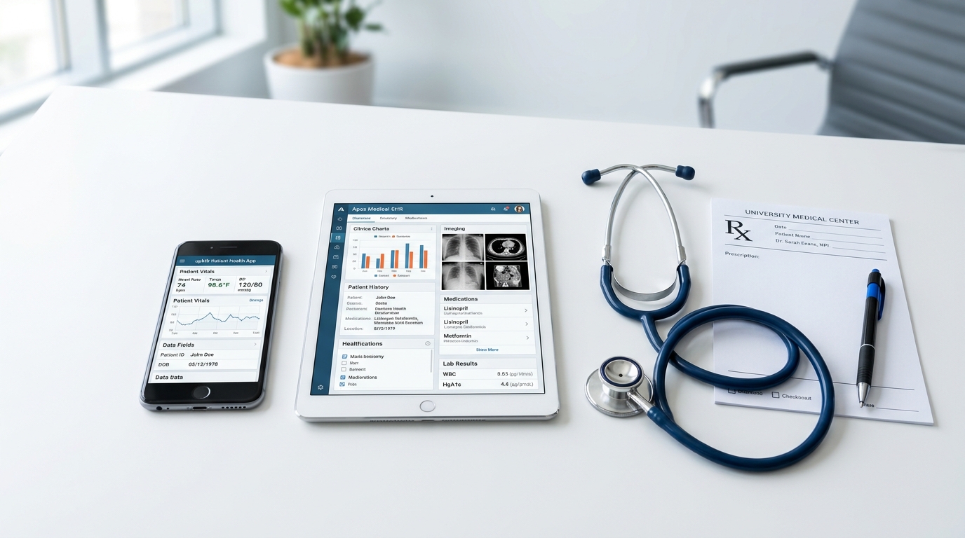 Smartphone and tablet displaying clinical tools alongside stethoscope on physician desk