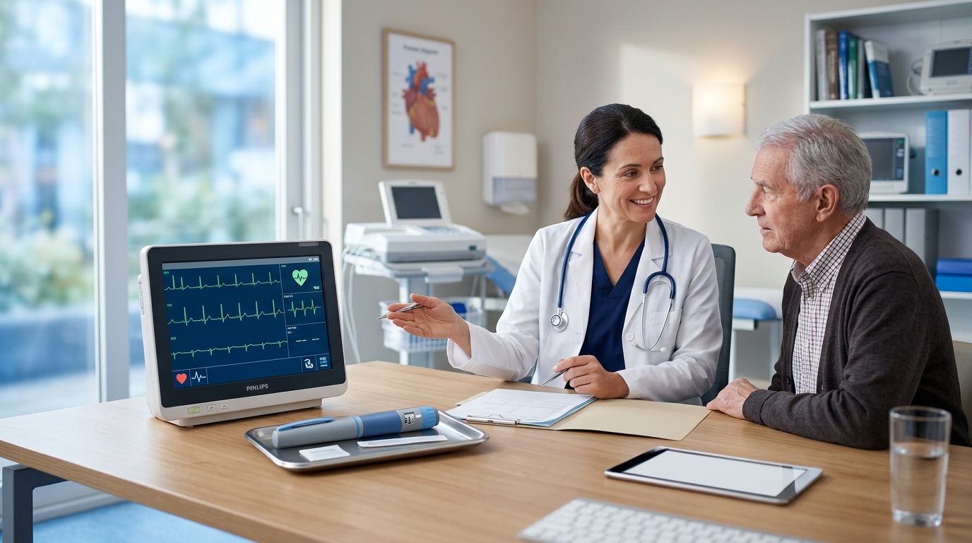 GLP-1 injection pen with stethoscope and kidney model on clinical desk