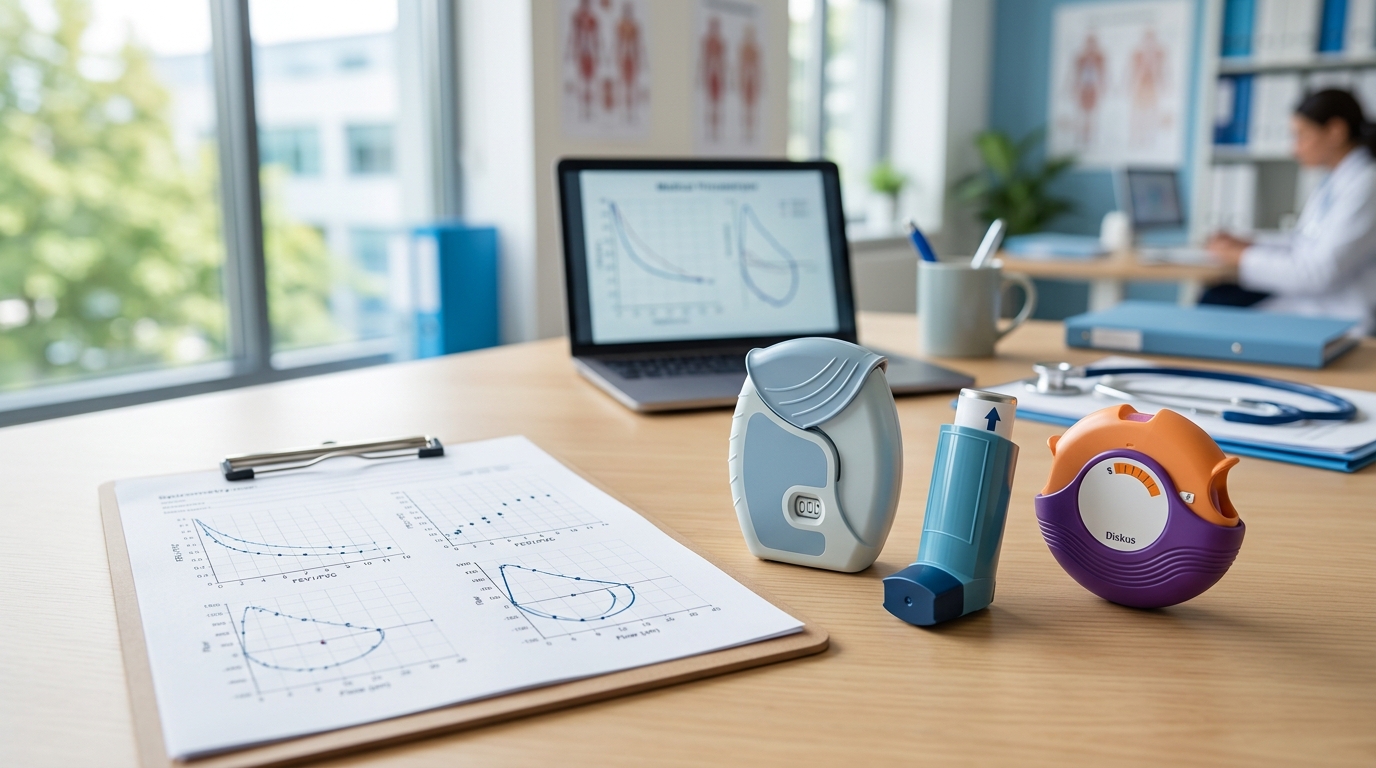 COPD inhaler devices arranged with spirometry results showing lung function curves
