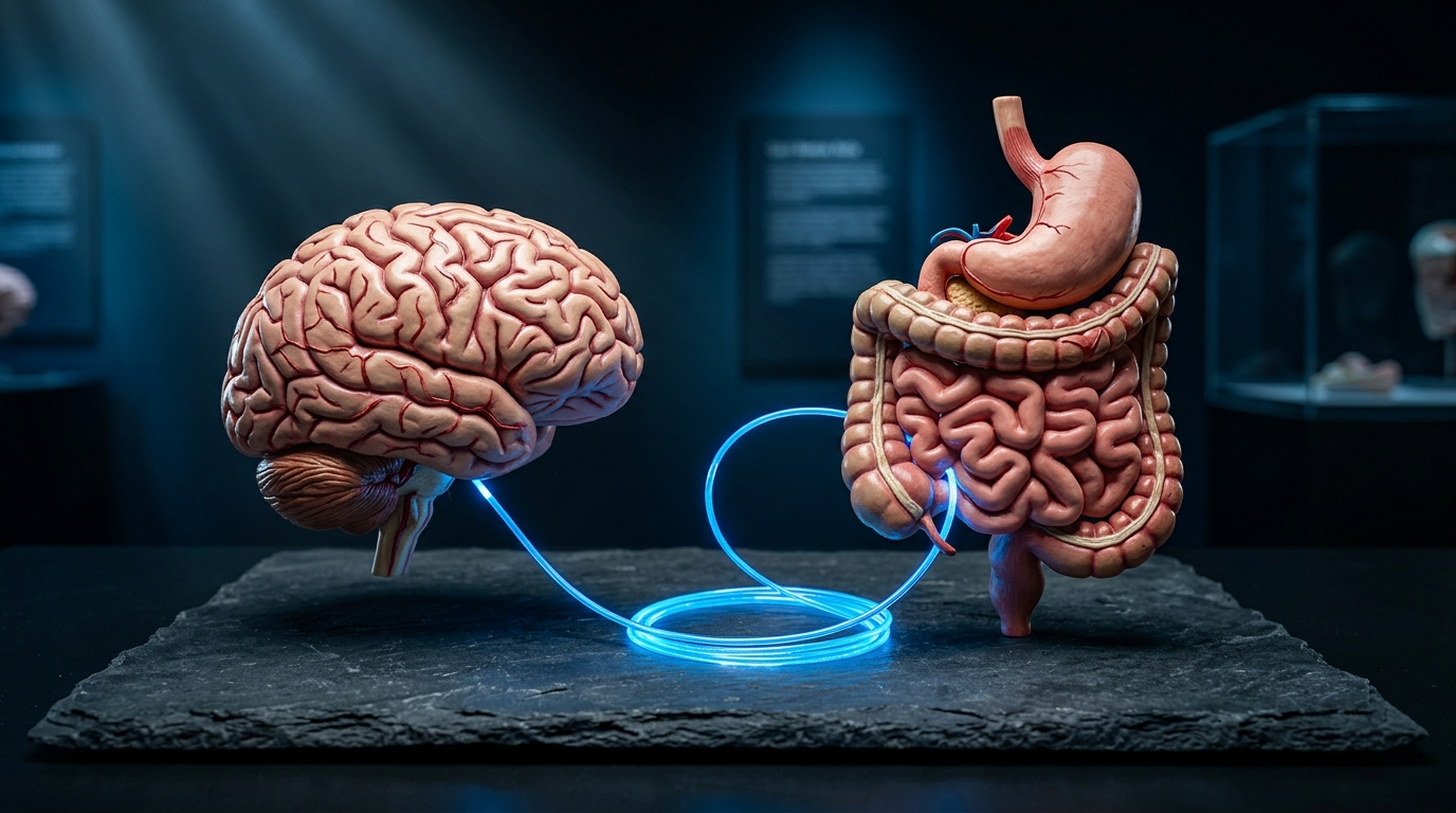 Anatomical gut and brain models connected by fiber optic cable on dark display