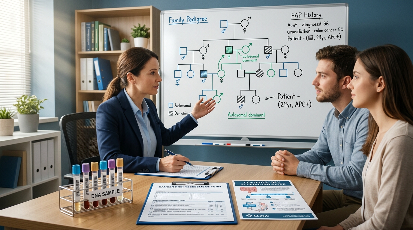 Genetic counseling with family pedigree chart and hereditary cancer testing tubes
