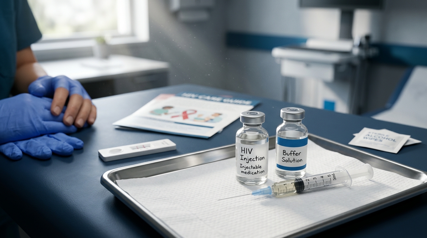 Long-acting injectable HIV medication vials with syringe and rapid test on tray