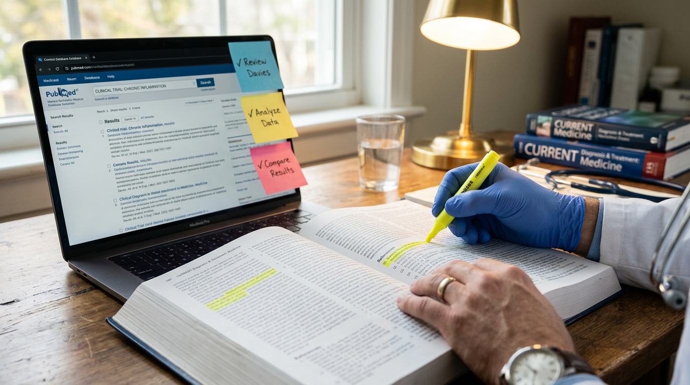 Physician tracing medical citation in textbook while cross-referencing database