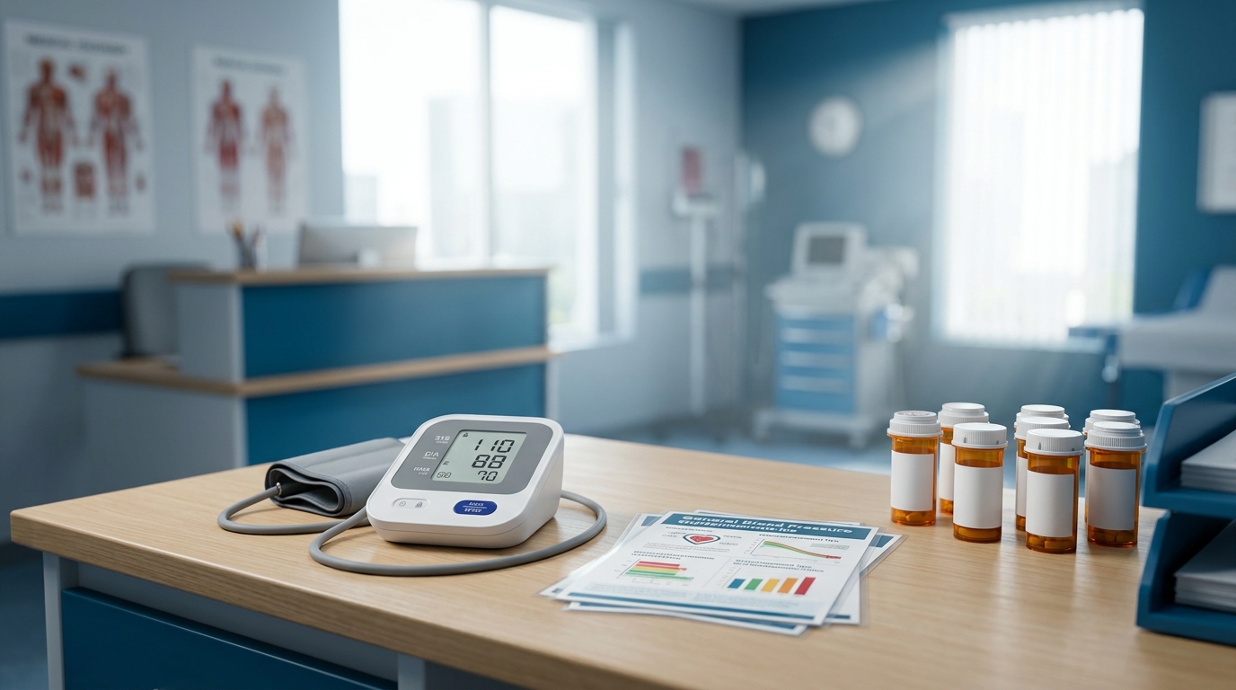 Blood pressure cuff with reading alongside first-line antihypertensive medications
