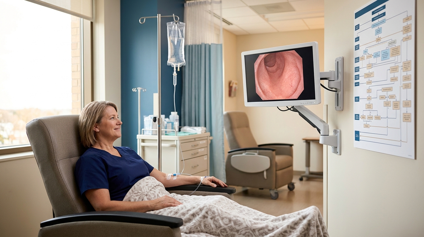 GI infusion suite with biologic IV and colonoscopy showing mucosal healing