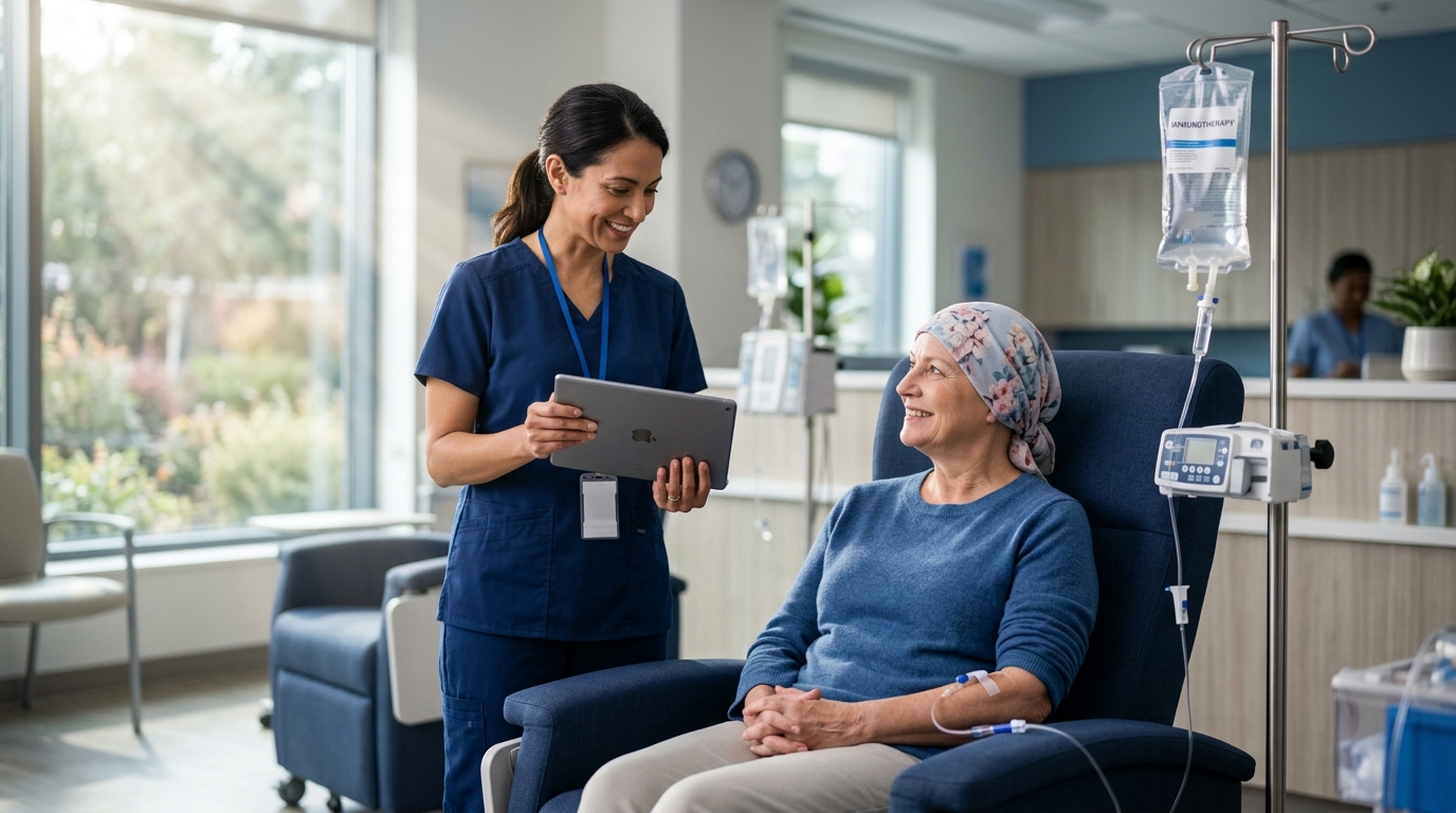 Oncology infusion center with immunotherapy IV and physician reviewing protocols