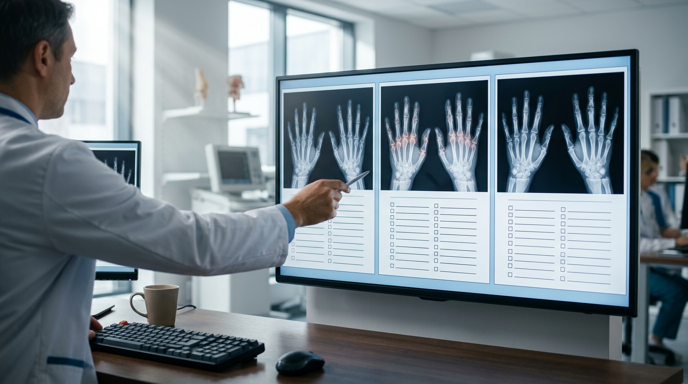 Comparative hand X-rays showing RA, PsA, and SpA joint changes side by side