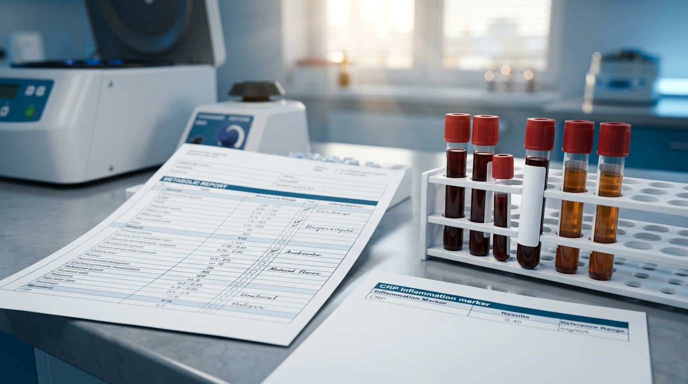 Blood sample tubes in centrifuge rack with CRP inflammation marker lab results