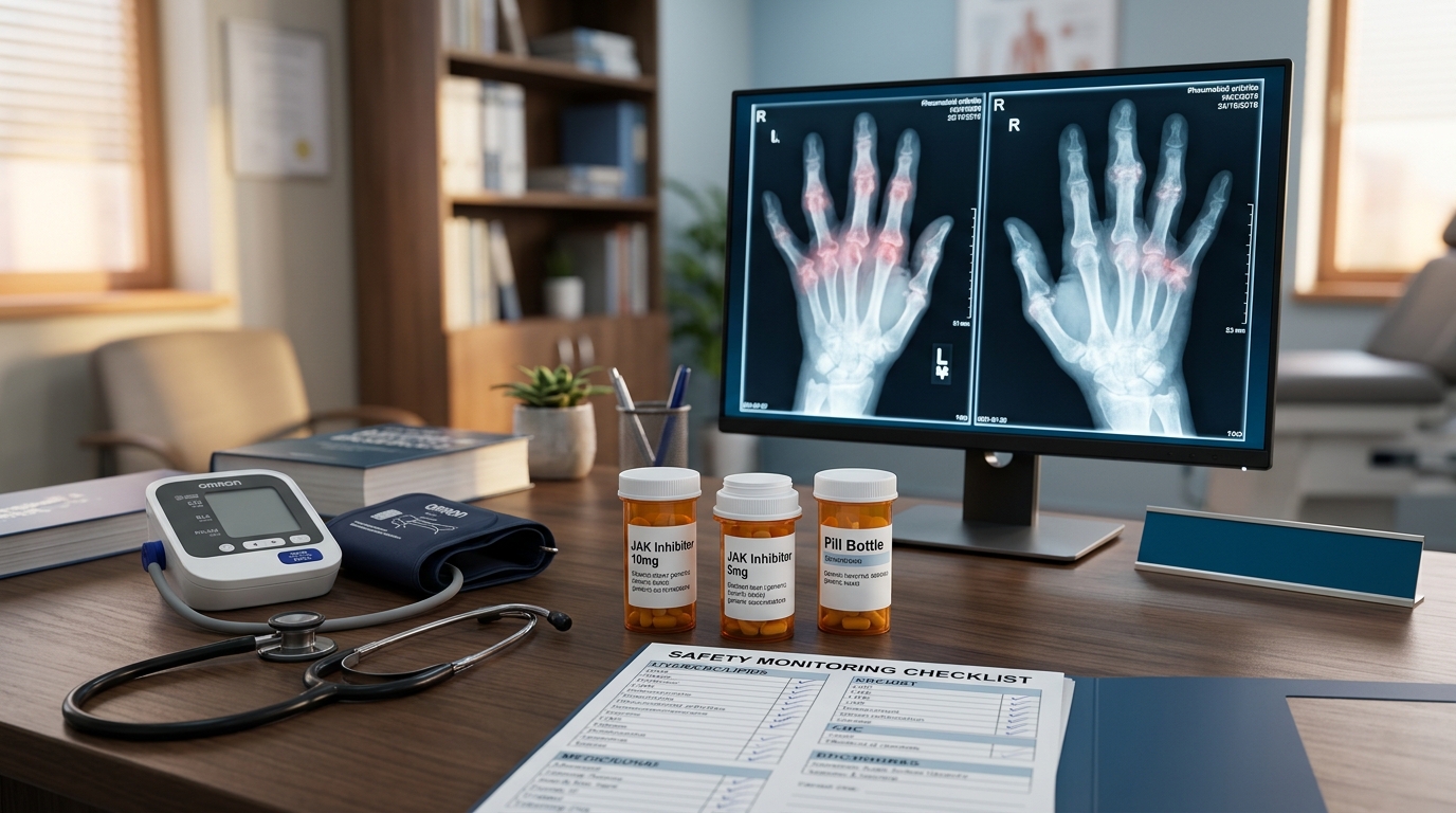 JAK inhibitor medications with safety checklist and hand X-rays in rheumatology office