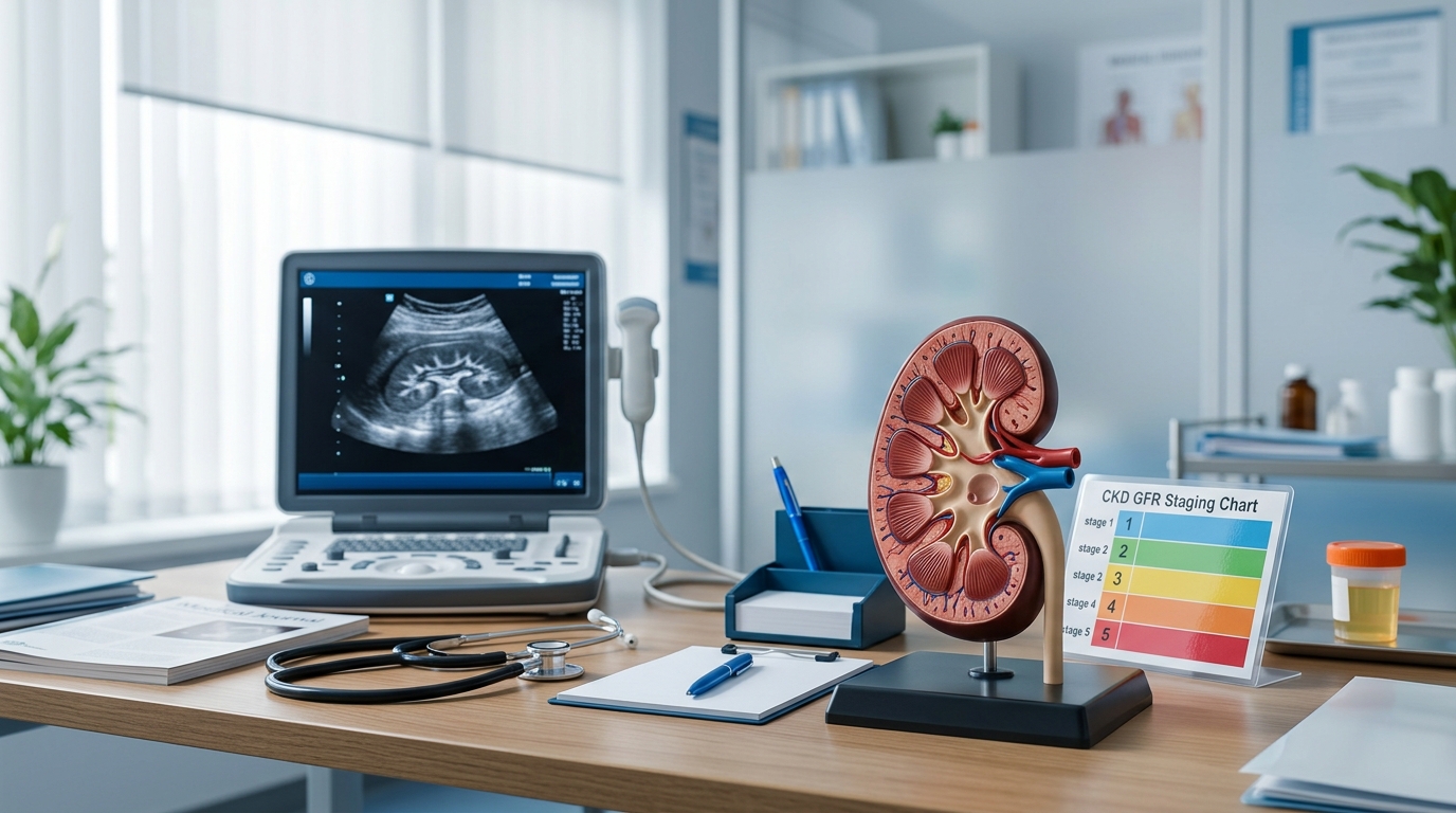 Nephrology desk with kidney model, GFR staging chart, and renal ultrasound display