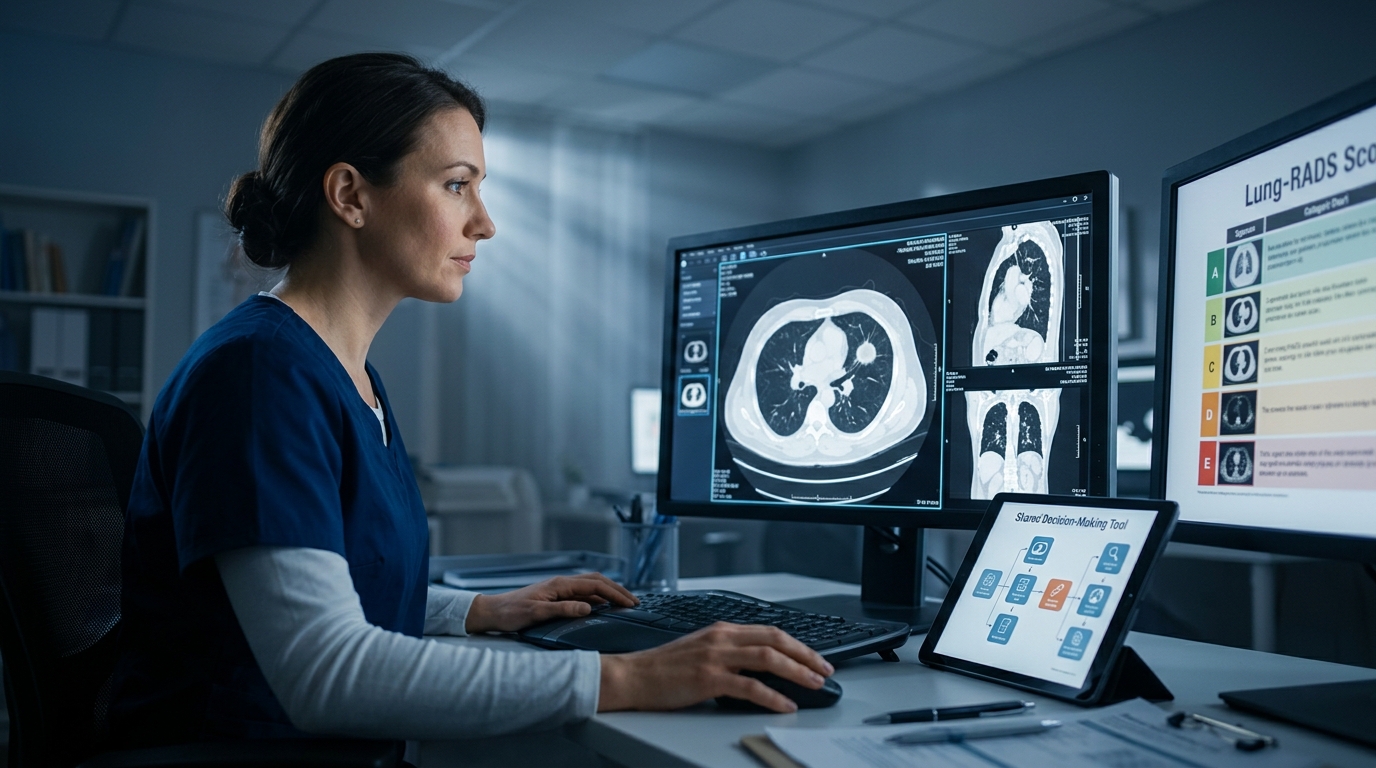 Low-dose CT showing lung nodule with Lung-RADS scoring and decision aid on tablet