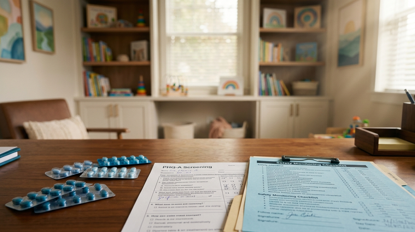 Adolescent psychiatry office with SSRI options and depression screening tools