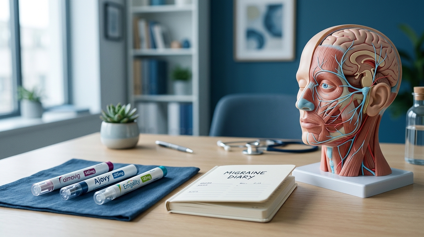 CGRP inhibitor auto-injectors compared alongside migraine diary and nerve model