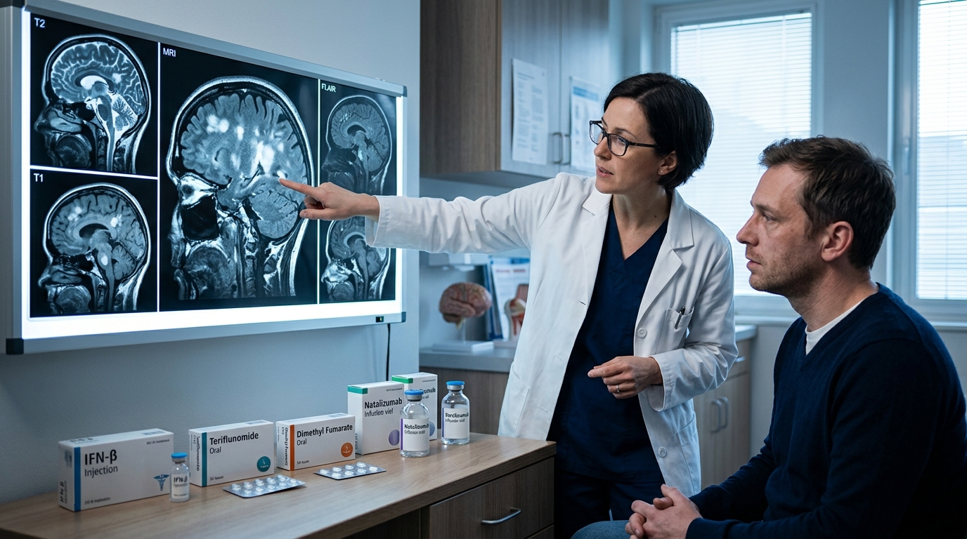 Brain MRI with MS lesions and disease-modifying therapies in escalation sequence