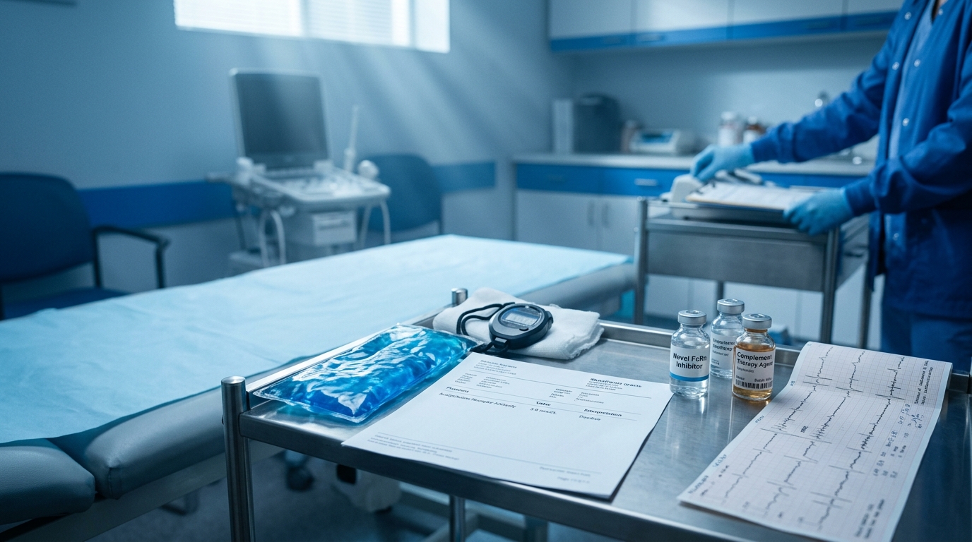 Myasthenia gravis diagnostics with antibody results and FcRn inhibitor vials