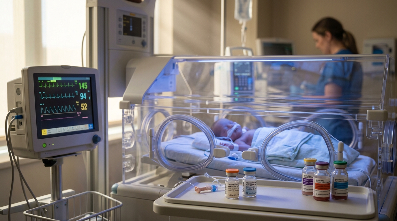 NICU with neonatal antibiotic vials, blood cultures, and incubator monitoring